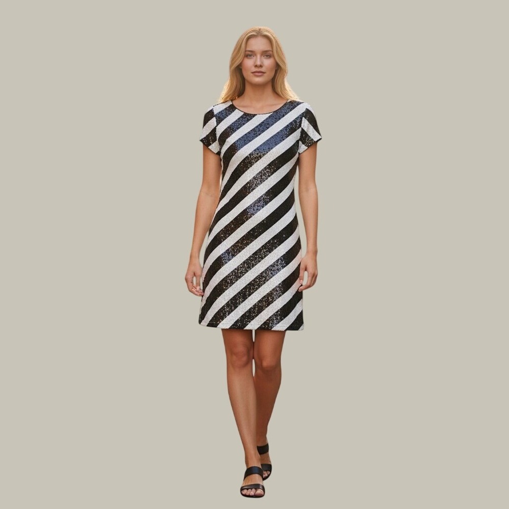 White House Black Market Sequin Dress Womens Small Black White Striped Short Slv